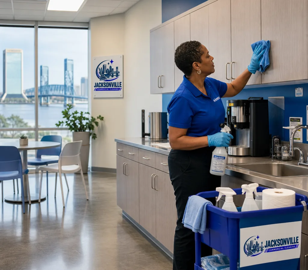 Commercial cleaner performing a detailed deep clean in a Jacksonville office breakroom