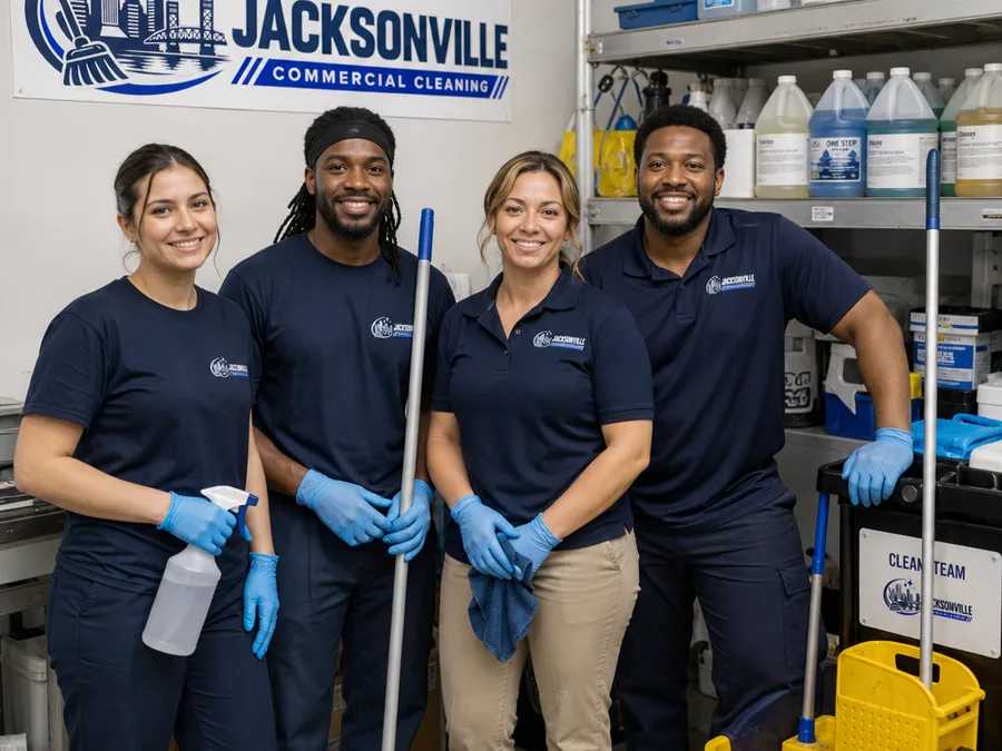 Commercial cleaning team in uniform with labeled supplies and equipment inside a Jacksonville facility
